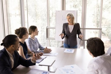 Çok ırklı bir ekip dinleyin bayan iş adamı modern konferans salonunda toplanan iş adamlarına sunum yapıyor. Olgun iş kadını semineri ya da şirket çalışanları için eğitim atölyesi
