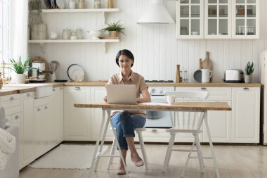 Konforlu mutfakta dizüstü bilgisayarda çalışan, e-banka sistemiyle faturaları ödeyen, internetten mal ve e-hizmet satın alan, hafta sonu boş zamanlarını internette geçiren, modern kablosuz teknoloji kullanan olgun bir kadın.