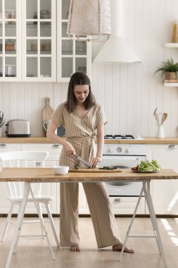 Mutfakta yemek pişiren genç bir kadın. Yemek masasında duran, elinde bıçak tutan, sağlıklı vejetaryen yemekleri için taze doğal salatalık kesen, salata yapan, sağlıkla ilgilenen zayıf bir kız.