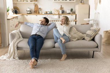 Mutlu genç koca ve güzel eş boş zamanlarını kanepede oturarak, tatilin hayalini kurarak geçirir, yeni eve taşınmayı kutlar, oturma odasında ve evdeki rahatlığın keyfini çıkarırlar.