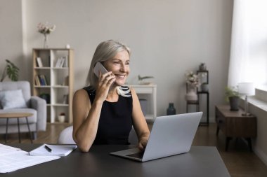 Gülümseyen olgun bir kadın masa başında oturur, ev bilgisayarında çalışır, cep telefonu görüşmesi yapar, müşteriyle konuşur, danışmanlık yapar, resmi hoş sohbetler yapar, uzaktan kumanda eder, iletişim kurar.
