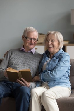 Neşeli 65 'li yaşlılar aileleri evlerinde oturur oturma odasında kanepede oturur, kitap okur ve karımla ilginç edebiyatları tartışır, güzel sohbetler eder, emekliliğin tadını çıkarır, hobi yapar, hobi yapar.