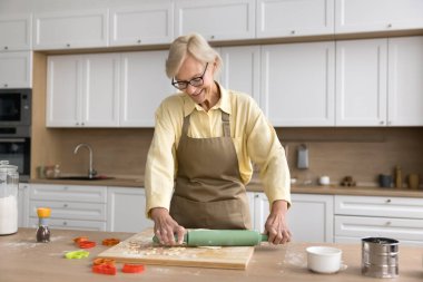 Mutlu sarışın bayan evde bisküvi pişiriyor, hamuru kesiyor, gülümsüyor, aşçılık hobisinden keyif alıyor, pastane yemeği hazırlıyor, tatilde tatlı pişiriyor, aile yemeği yapıyor.