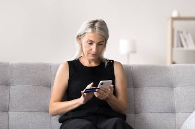 Olgun bir kadın pazar yoluyla mal almak için para harcar, banka kartı ve cep telefonu kullanarak online alışveriş yapar, güvenli elektronik banka başvurusu yoluyla ödeme yapar, sipariş verir, evdeki koltukta oturur.