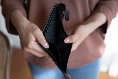 Ellerinde boş deri cüzdan tutan Hintli bir kadının mahsulü. Zavallı genç bir kadının mali sorunları var. Alışverişe, alışverişe, para yoksunluğuna, borçlara ve iflasa aşırı para harcıyor.