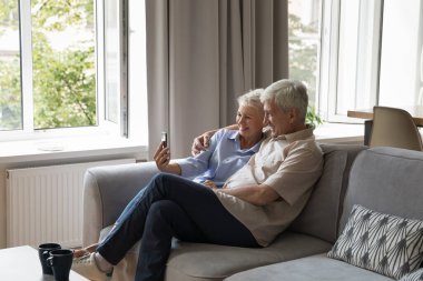 Mutlu yaşlı eşler cep telefonu uygulaması kullanarak görüntülü arama yapıyor, hoş mesafeli konuşmalar yapıyor. Uzaktan iletişim için modern kablosuz teknoloji kullanımı, evde eğlenceli vakit geçirmek için internet videoları