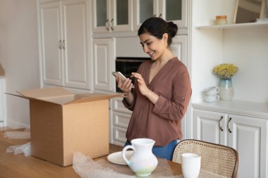 Telefon kullanan mutlu Hintli kadın, hassas online market siparişi paketini açıyor, akıllı telefondan boks videosu çeken genç bayan müşteri blogcusu tatmin oluyor, iyi dağıtım hizmeti kavramı