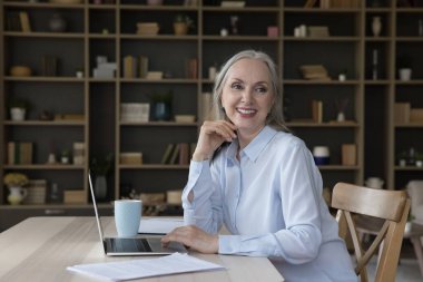 Neşeli, mutlu, yaşlı, serbest çalışan bir iş kadını, masadan bilgisayarla bakıyor, gülümsüyor, gülüyor, çalışma masasında oturuyor, dizüstü bilgisayar, kağıt belgeler kullanıyor. Gizli kadın portresi
