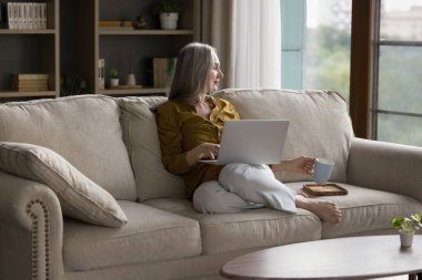 Düşünceli, düşünceli, emekli, yaşlı bir kadın. Evdeki kanepede oturuyor, sıcak çay içiyor, sabah kahvesini içiyor, elinde kupa tutuyor, boş zamanların tadını çıkarıyor, dizüstü bilgisayarını tutuyor, pencereye bakıyor ve düşünüyor.