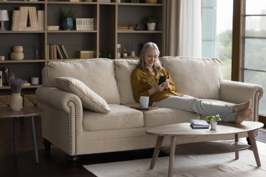 Mutlu, olgun bir kadın cep telefonunu evde kullanıyor, modern oturma odasındaki rahat koltukta dinleniyor panoramik pencereli, ekommerce uygulaması ile alışveriş yapıyor, sohbet ediyor.