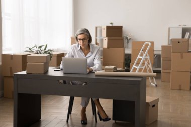 Odaklanmış orta yaşlı kadın girişimci depoda çalışıyor, küçük işletmeler için ecommerce başvurusunu kullanıyor, çevrimiçi siparişleri kontrol ediyor, sevkiyat için paketler hazırlıyor, müşteriyle sohbet ediyor. Çevrimiçi satış, KME