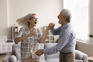 60 'ların hayat dolu yaşlı eşleri el ele tutuşup dans ediyorlar evde birlikte eğleniyorlar ve modern dairede en sevdikleri müziğe geçiyorlar. Neşeli emekli dansçılar aktif eğlencelerini içeride geçirirler.