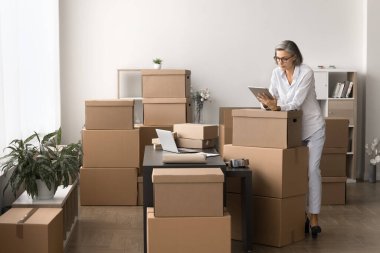 E-ticaret ya da küçük işletmeler için sipariş ve envanter işleriyle uğraşan bir kadın, depoda tablet, kontrol, güncelleme ve sipariş bilgilerini kullanarak çalışıyor. Etiketleme, paketleme, gönderme iş akışı