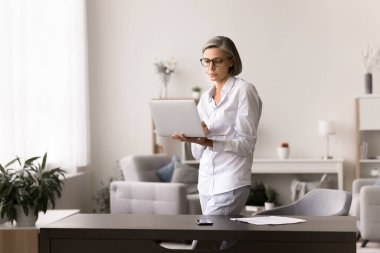 Olgun bir iş kadını, elinde dizüstü bilgisayarla, çevrimiçi işleriyle, eğilimleri ve borsayı izlemekle, bilgi edinmekle, rapor hazırlamakla meşgulken ayakta duruyor. Teknik, iş akışı