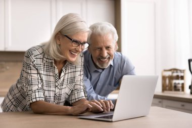 Gülümseyen karı koca internette sörf hakkında bilgi edinmek boş zamanlarını internette geçirir, sohbet eder, arar, dolaşır dizüstü bilgisayar ve pazar sitesi kullanarak uzaktan satın almanın keyfini çıkarırlar. Eğlence, modern teknoloji