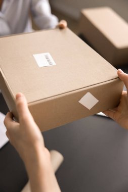 Yakından bakınca, kimliği belirsiz bir kadın eli karton bir paket alıyor. Müşteri posta servisinden kutu alıyor. Postanenin ya da depo çalışanının işi. Paket sevkiyat yönetimi, siparişler