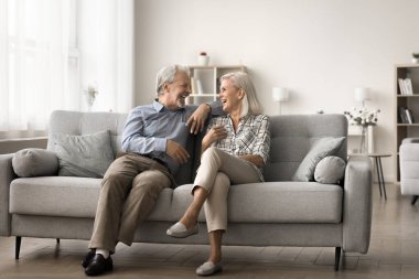 Mutlu olgun eşler oturma odasında oturup gülerken, dertsiz dertsiz tasasız sohbet ederken, anılarını paylaşırken, evde birlikte iyi haberler paylaşırken. Evlilik, iletişim.