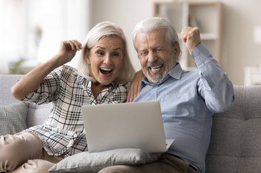 Mutlu yaşlı eşler yumruklarını sıkarak kazananlara jest yaptılar kanepeye oturdular laptopta e-postaları okudular, harika haberleri, emeklilik zammını, karı, büyük indirimleri ve tüm biletleri satışı, fırsatları kutladılar. Piyango kazandı.