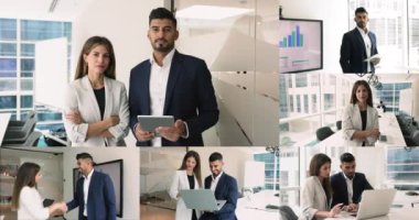 Çok ırklı iki kadın meslektaşın kolajı, iş adamları modern cihazlar kullanarak ofiste işbirliği yapıyorlar. Liderlikte çeşitlilik, takım çalışması. İş hayatında cinsiyet eşitliği, profesyonel işbirliği