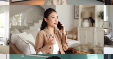 Asyalı kadın ve bir grup insan akıllı telefon kullanıyor, evde ya da ofiste telefonla konuşuyor, kolaj manzaralı. Profesyonel ya da kişisel bağlamda küresel iletişim, bağlantı, çeşitlilik, teknoloji
