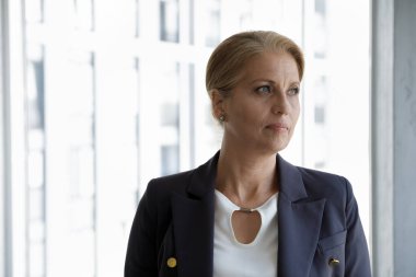Orta yaşlı, başarılı bir iş kadınının dik dik bakması gökdelen ofisinde pencereye karşı düşünceli bir poz gibi görünüyor. Yönetici müdürü, şirket CEO 'su, İK müdürü, proje lideri portresi konsepti