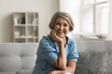 Attractive mature woman wear blue casual blouse laughing seated on couch in living room, look at camera, posing spend time at home. Positive mood, happy life on retirement, natural beauty and optimism clipart