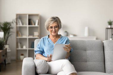 Yasli kadin, modern tablet cihaziyla kanepede dinleniyor, e-kitap, makaleler veya haberler okuyor, sosyal medya hesaplarini kontrol ediyor, gönderilere ve güncellemelere bakiyor, ecommerce uygulamalariyla mal aliyor veya siparis ediyor.