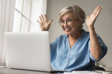 Yaşlı kadın dizüstü bilgisayarla masada oturuyor, ekrana bakıyor, heyecandan ellerini kaldırıyor, internette hoş bir uyarı alıyor, inanılmaz haberlerle mesajlar okuyor, mutlu oluyor, aşırı mutlu görünüyor.