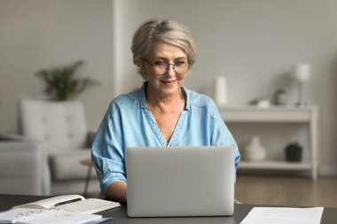 Yaşlı kadın masa başında oturuyor, dizüstü bilgisayar kullanıyor, odaklanmış ve çevrimiçi aktivitelerle meşgul, gözlüklü sohbet ediyor, internette çalışıyor, evde emeklilik üzerine çalışıyor, e-posta atıyor, mesajları paylaşıyor, internette zaman geçiriyor.