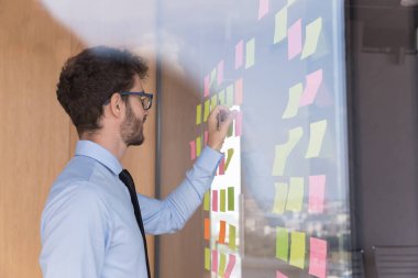 Genç iş adamı cam duvara renkli notlar yapıştırıyor, Kanban yönetim kurulunda programa göre çalışıyor, proje görevleri planlıyor, strateji üzerinde düşünüyor, fikirler yazıyor, notlar yazıyor. Cam manzaralı.