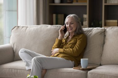 Gülümseyen orta yaşlı kadın elinde cep telefonu tutarak yetişkin çocukları ya da arkadaşını evdeki kanepeye oturtuyor. Mesafe iletişimi, modern kablosuz teknolojiyi kullanan eski nesil, telefon etkinliği kavramı