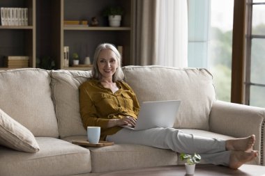 Çekici orta yaşlı kadın rahat koltukta dinleniyor, kablosuz bilgisayarı kucağına koyuyor gülümsüyor kameraya bakıyor. Rahat yaşam, elektronik hizmetler, e-ticaret perakende kullanıcı konsepti için modern teknoloji