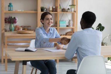 Başarılı bir mülakattan sonra iş başvurusunda bulunan kendine güvenen proje lideri kadın el sıkışıyor. İş dünyasından profesyonel ve Afrikalı müşteriler el sıkışıyor, anlaşma kapanıyor, görüşmeler yapılıyor, toplantı yapılıyor