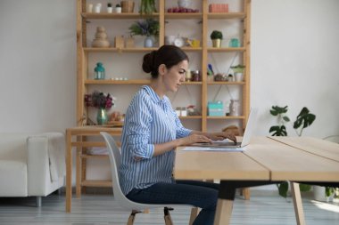 Ciddi genç kız öğrenci evde çalışıyor, iş yerinde dizüstü bilgisayar kullanıyor, araştırma yapıyor, blog okuyor, Webinar 'ı izliyor. Çevrimiçi projeye katılan serbest çalışan