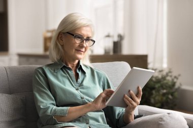 Oldukça olgun bir kadın gözlük takıyor elinde dijital tablet cihazıyla ailesiyle sohbet ediyor, internetteki haberlere, güncellemelere ve bilgilere erişiyor. Eski nesil modern teknolojiyi kullanıyor