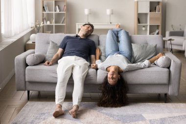 Uykulu, sessiz, genç karı koca koltukta baş aşağı dinleniyor. Gri, rahat koltukta dinleniyor. Boş zamanların, molaların, ev huzurunun ve rahatlığın tadını çıkarıyor.