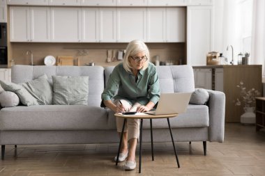 Yaşı büyük kadın işine odaklanmış, not tutuyor veya deftere yazıyor, bilgisayar ekranına bakarken, harcamaları ve gelirleri sayıyor, kişisel bütçe yönetimi, bakiye ve tasarruf denetimi ile meşgul