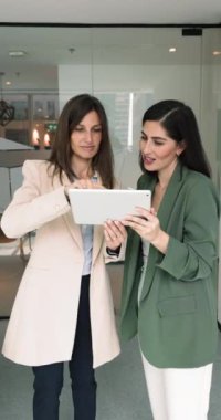 İki iş kadını mevcut projenin ilerlemesini analiz ediyor, kilometre taşlarını gözden geçiriyor, mali raporu inceliyor, şirket performansını değerlendiriyor, dijital tablet aygıtı kullanarak yatırım olanaklarını tartışıyor