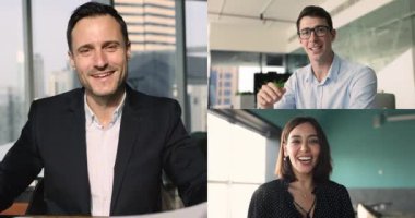 Üç işadamı, video çağrı uygulaması kullanan, resmi sanal toplantı etkinliğine katılan, müzakere eden, çözümleri ve görüşleri paylaşan, kolaj görünümlü hissedarlarla iş dünyasından sohbet ediyor.