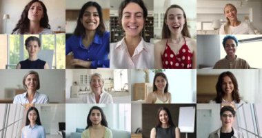 Çoklu görüntüler kolaj görüntüsü, genç ve olgun güzel kadınlar, video çağrısı yapmak, video konferans uygulaması kullanarak uzaktan konuşmanın tadını çıkarmak, kameraya bakarak gülümsemek. Dünya çapında iletişim uygulaması