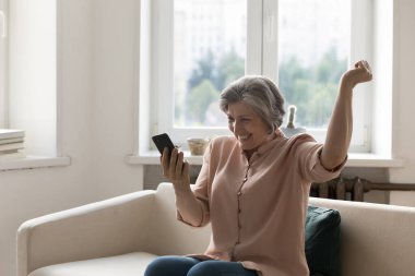 Akıllı telefondaki mesajları okuyan yaşlı kadın çok mutlu görünüyor heyecanlanıyor, sevinçten çığlık atıyor başarıyı kutluyor, harika bir ticari teklif alıyor, büyük bir indirim alıyor. Çevrimiçi piyango, açık artırma kazananı, zafer anı konsepti