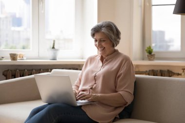 Neşeli orta yaşlı kadın sohbet mesajlarını sosyal medyada paylaşmayı, internette eğlenmeyi ve dizüstü bilgisayar kullanmayı seviyor. Eski genel kullanım modern teknoloji, memnun elektronik hizmetler müşteri konsepti