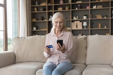 Online alışveriş yapan neşeli yaşlı müşteri kadın, internetten satın alma, satın alma, kredi kartı kullanımı, cep telefonunda ekommerce uygulaması, nakit para alma, hesap bakiyesi...
