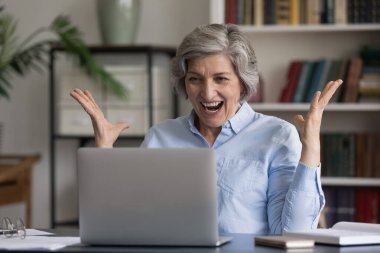 Happy middle-aged 60s businesswoman sit at desk with laptop staring at screen get unbelievable commercial offer feels overjoyed, screams with joy, cant believe in luck. Success and achievement concept clipart