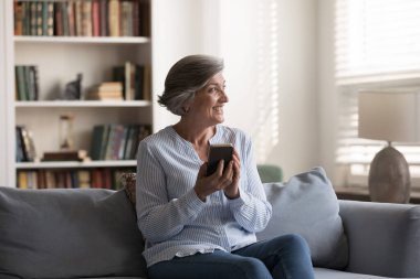 Orta yaşlı bir kadın evde tek başına oturup kanepeye oturur sosyal medyada sohbet eder, akıllı telefon kullanır, mesafeye bakar, İnternet alışverişine karar verir, e-ticaret hizmetleri kullanıcısı online sipariş verir, modern teknoloji konsepti