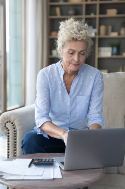 Üst düzey muhasebeci kadın dizüstü bilgisayarda yazıyor, online ev ödemesi yapıyor, hesap makinesi kullanıyor, finansmanı kontrol ediyor, kişisel bütçeyi kontrol ediyor, evde muhasebe işlerini yapıyor. Dikey çekim