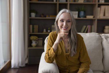 Evdeki kanepede oturup kameraya bakıp gülümseyen neşeli, hoş, son sınıf güzeli bayan. Neşeli, olgun, gri, uzun saçlı iş kadını, ev sahibi, güzellik bakıcısı müşteri portresi.