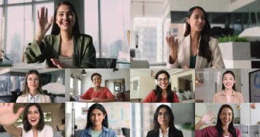 Çeşitli genç ve olgun iş kadınlarının kolajı sanal toplantı, uzaktan iletişim, gülümseme, konuşma, etkileşim. Serbest çalışma, profesyonel işbirliği, küresel bağlantı