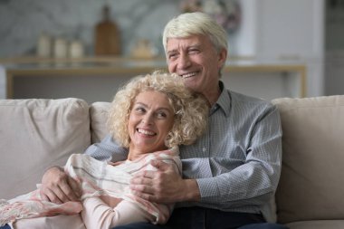 Mutlu, hayalperest, orta yaşlı çift evde kanepede dinleniyor, eğleniyor, flört ediyor. Neşeli koca, karısına sevgi, ilgi, şefkat, konuşma, şaka, kahkaha ile sarılıyor..