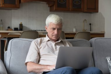 Ciddi, ağarmış yaşlı büyükbaba evde otururken kanepede oturur internette sörf yapar internet sitesinde haber okur sohbet eder. Emeklilik videosunda modern teknoloji eğitimi alan yaşlı bir erkek.